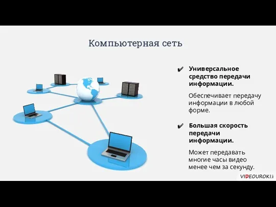 Компьютерная сеть Универсальное средство передачи информации. Обеспечивает передачу информации в