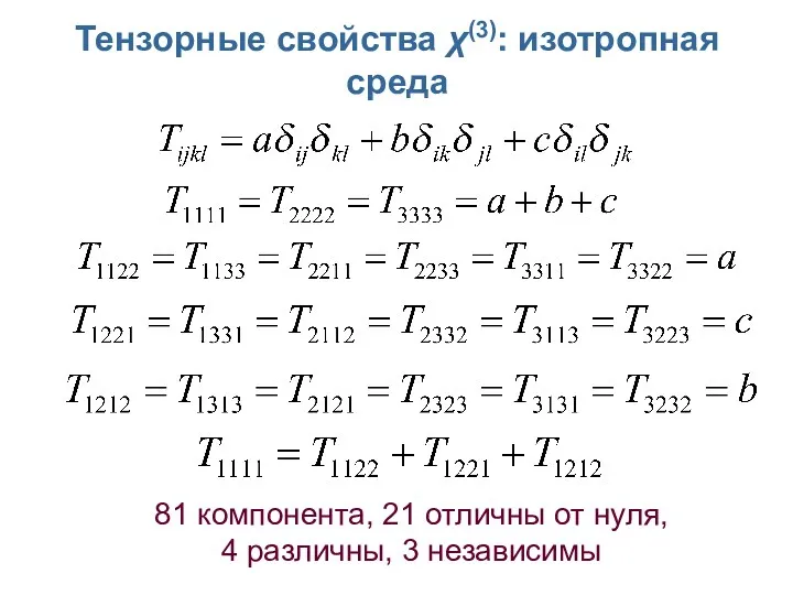 Тензорные свойства χ(3): изотропная среда 81 компонента, 21 отличны от нуля, 4 различны, 3 независимы