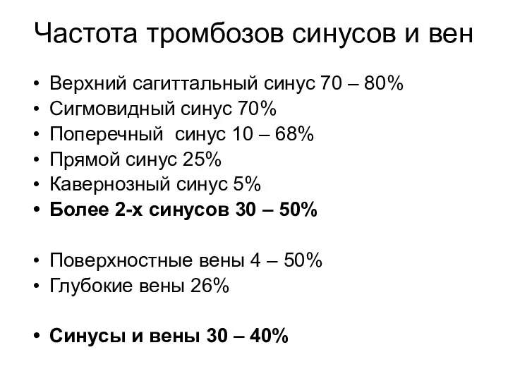 Частота тромбозов синусов и вен Верхний сагиттальный синус 70 – 80% Сигмовидный синус