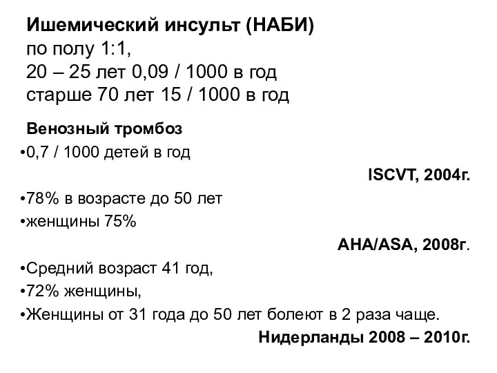 Ишемический инсульт (НАБИ) по полу 1:1, 20 – 25 лет 0,09 / 1000