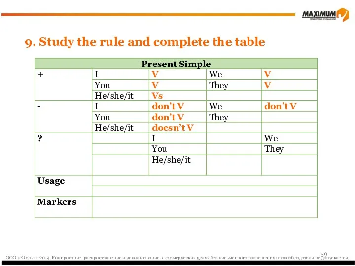 9. Study the rule and complete the table