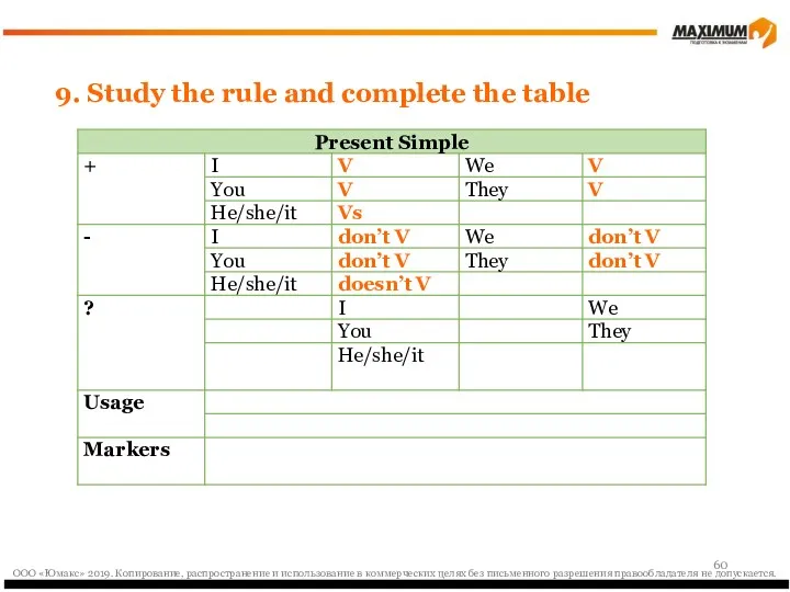 9. Study the rule and complete the table