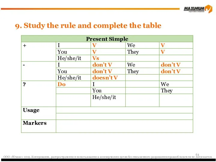 9. Study the rule and complete the table