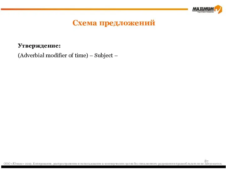 Утверждение: (Adverbial modifier of time) – Subject – Схема предложений