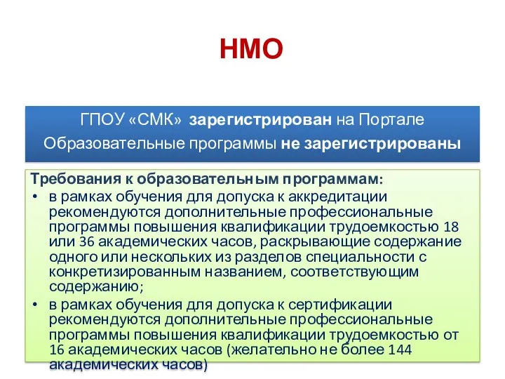 НМО ГПОУ «СМК» зарегистрирован на Портале Образовательные программы не зарегистрированы