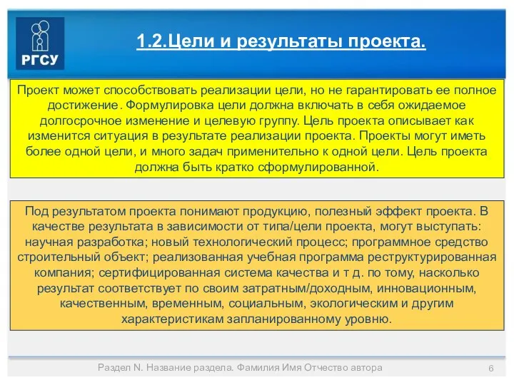 Раздел N. Название раздела. Фамилия Имя Отчество автора 1.2.Цели и результаты проекта. Проект