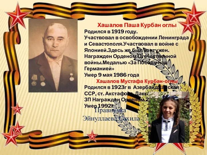 Хашалов Паша Курбан оглы Родился в 1919 году. Участвовал в