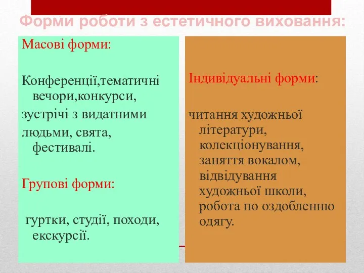 Масові форми: Конференції,тематичні вечори,конкурси, зустрічі з видатними людьми, свята, фестивалі.