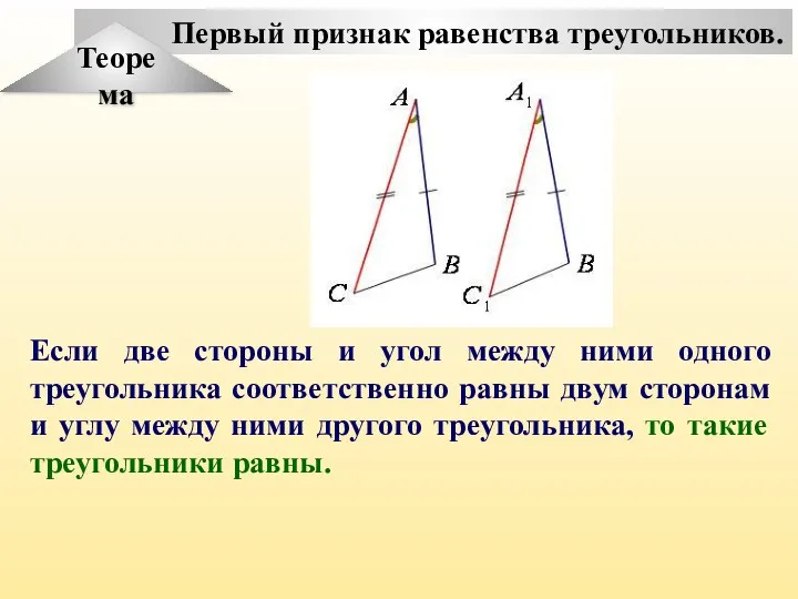 Первый признак равенства треугольников. Теорема Если две стороны и угол между ними одного