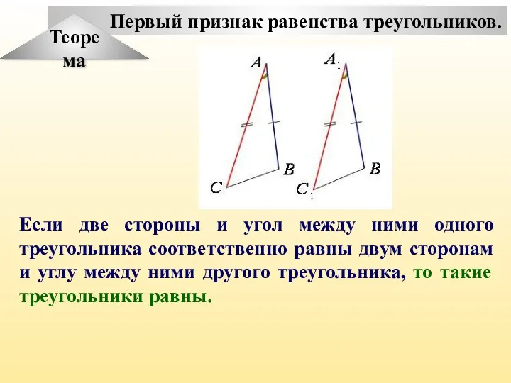 Первый признак равенства треугольников. Теорема Если две стороны и угол