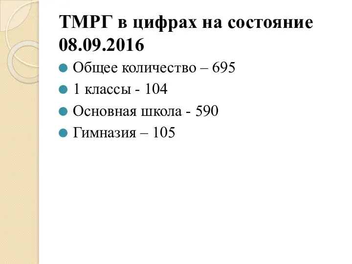 ТМРГ в цифрах на состояние 08.09.2016 Общее количество – 695