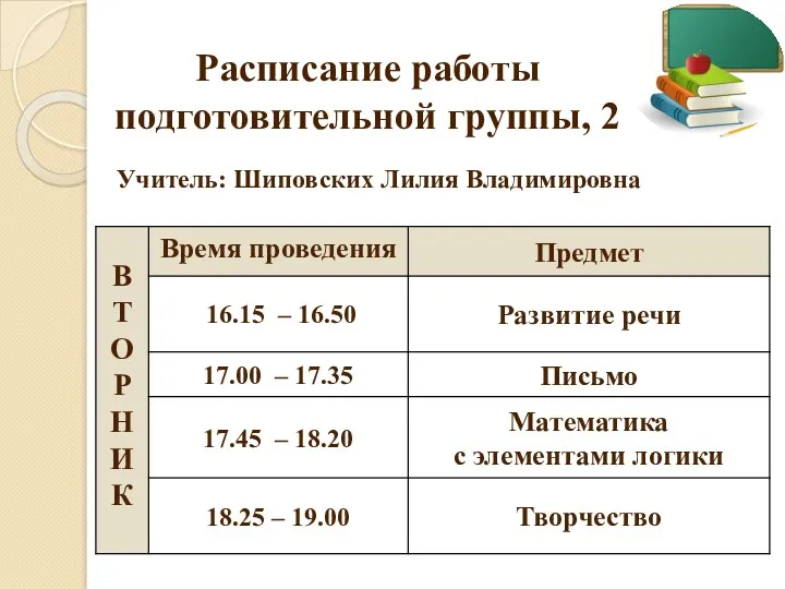 Расписание работы подготовительной группы, 2 Учитель: Шиповских Лилия Владимировна