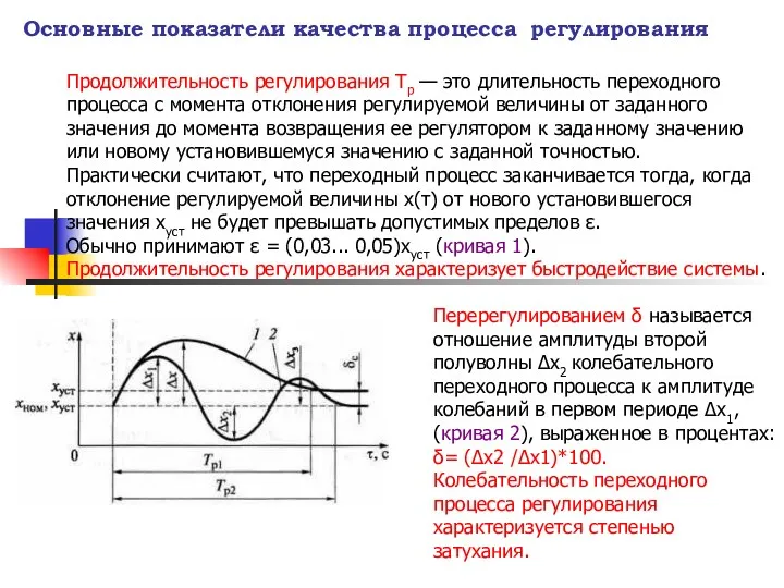 Основные показатели качества процесса регулирования Продолжительность регулирования Тр — это длительность переходного процесса