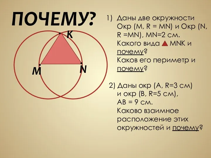 ПОЧЕМУ? M K N Даны две окружности Окр (M, R