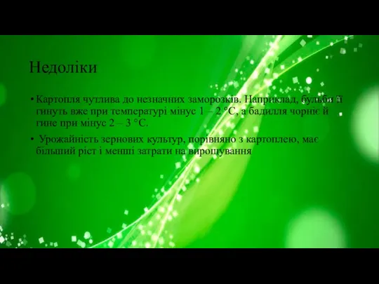 Недоліки Картопля чутлива до незначних заморозків. Наприклад, бульби її гинуть вже при температурі