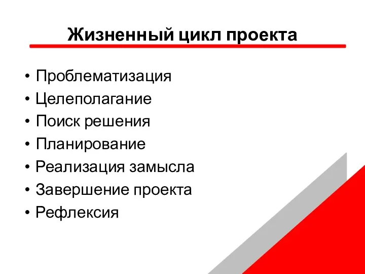 Жизненный цикл проекта Проблематизация Целеполагание Поиск решения Планирование Реализация замысла Завершение проекта Рефлексия