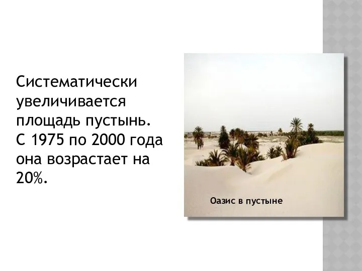 Систематически увеличивается площадь пустынь. С 1975 по 2000 года она возрастает на 20%. Оазис в пустыне