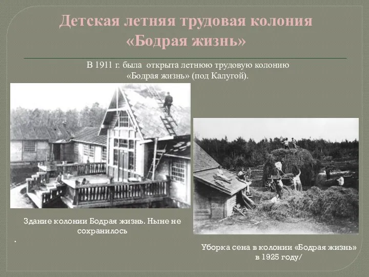 Детская летняя трудовая колония «Бодрая жизнь» В 1911 г. была