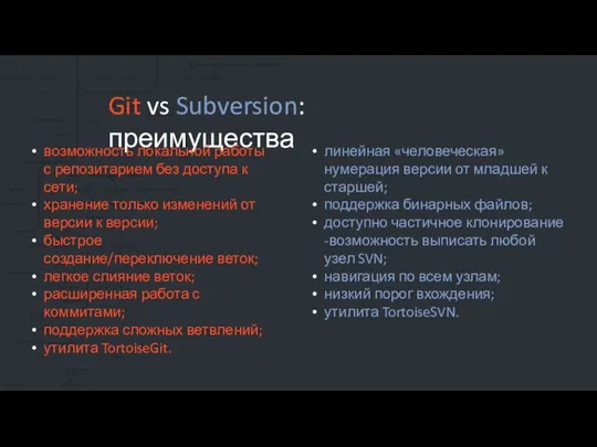 Git vs Subversion: преимущества возможность локальной работы с репозитарием без