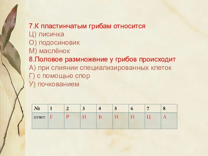 7.К пластинчатым грибам относится Ц) лисичка О) подосиновик М) маслёнок