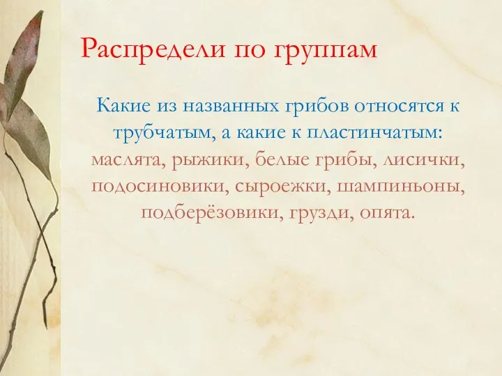 Распредели по группам Какие из названных грибов относятся к трубчатым,