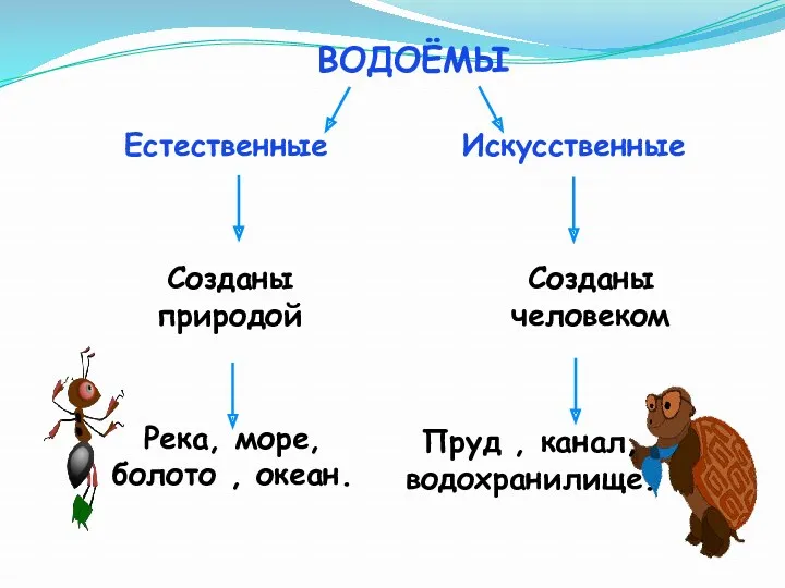 Естественные Искусственные ВОДОЁМЫ Созданы природой Река, море, болото , океан. Созданы человеком Пруд , канал, водохранилище.