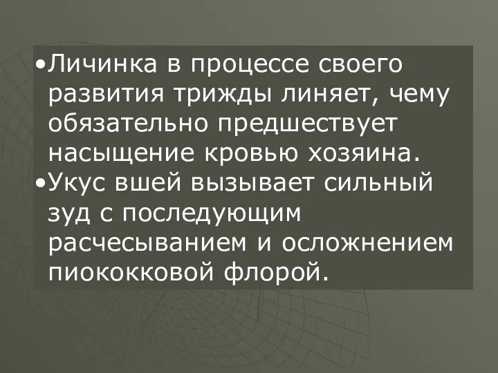 Личинка в процессе своего развития трижды линяет, чему обязательно предшествует