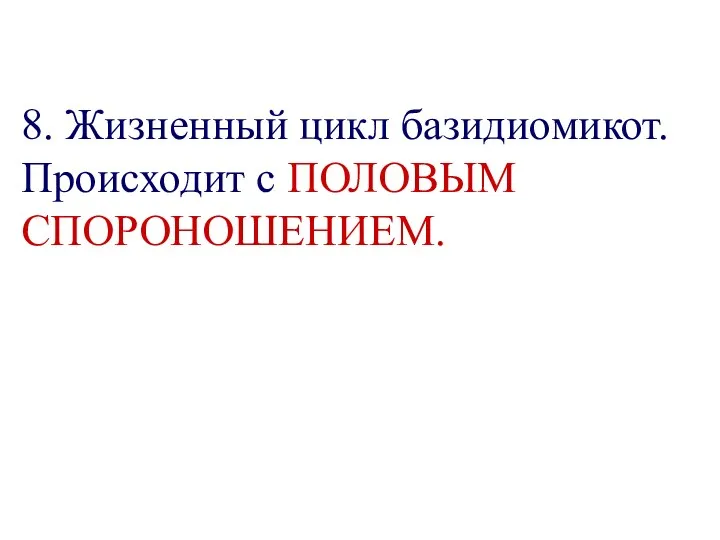 8. Жизненный цикл базидиомикот. Происходит с ПОЛОВЫМ СПОРОНОШЕНИЕМ.