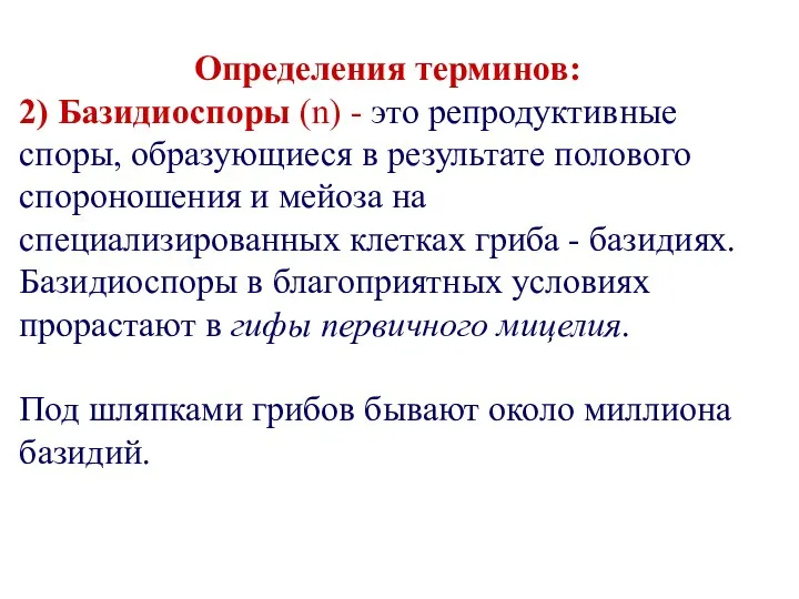 Определения терминов: 2) Базидиоспоры (n) - это репродуктивные споры, образующиеся