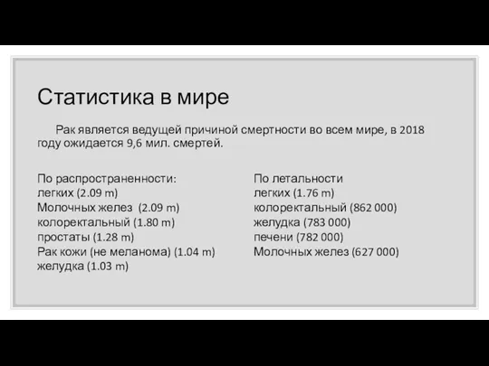 Статистика в мире Рак является ведущей причиной смертности во всем