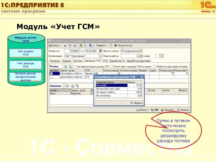 Модуль «Учет ГСМ» Прямо в путевом листе можно посмотреть расшифровку расхода топлива