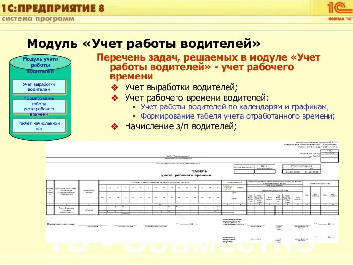 Модуль «Учет работы водителей» Перечень задач, решаемых в модуле «Учет работы водителей» -