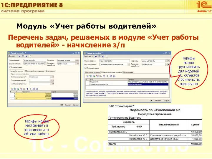 Модуль «Учет работы водителей» Перечень задач, решаемых в модуле «Учет