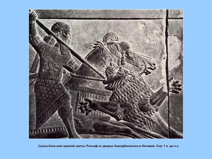 Сцены большой царской охоты. Рельеф из дворца Ашшурбанипала в Ниневии. Сер. 7 в. до н.э.