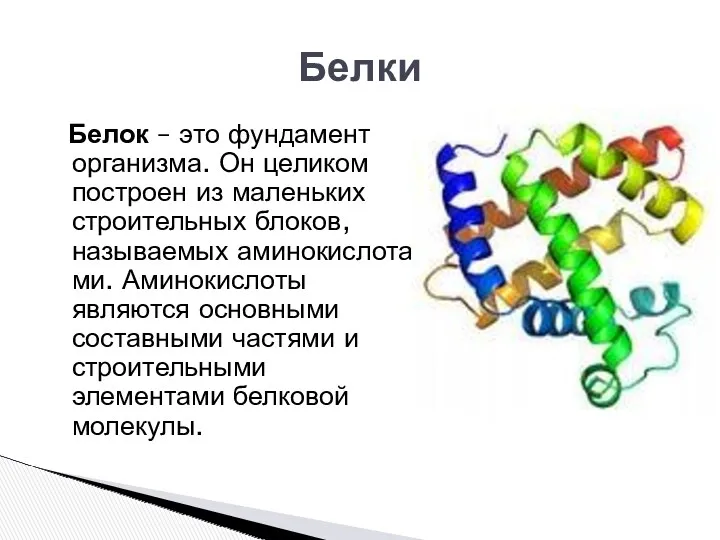 Белок – это фундамент организма. Он целиком построен из маленьких