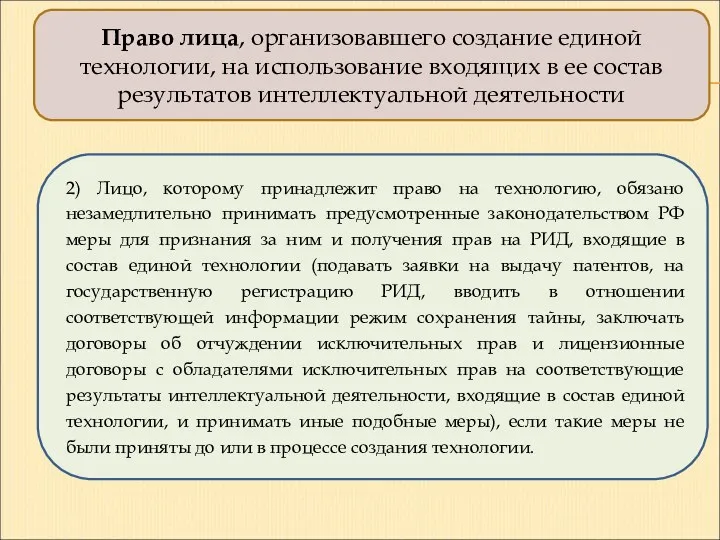 Право лица, организовавшего создание единой технологии, на использование входящих в