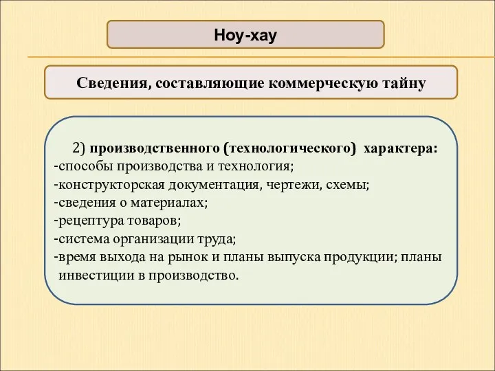 Ноу-хау Сведения, составляющие коммерческую тайну 2) производственного (технологического) характера: способы