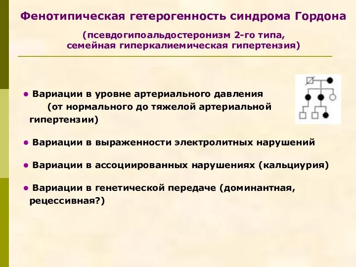 Фенотипическая гетерогенность синдрома Гордона (псевдогипоальдостеронизм 2-го типа, семейная гиперкалиемическая гипертензия) Вариации в уровне