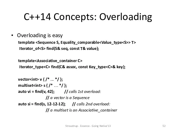 C++14 Concepts: Overloading Overloading is easy template > T> Iterator_of