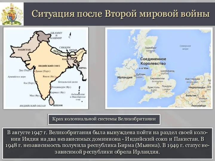 Ситуация после Второй мировой войны Крах колониальной системы Великобритании В августе 1947 г.