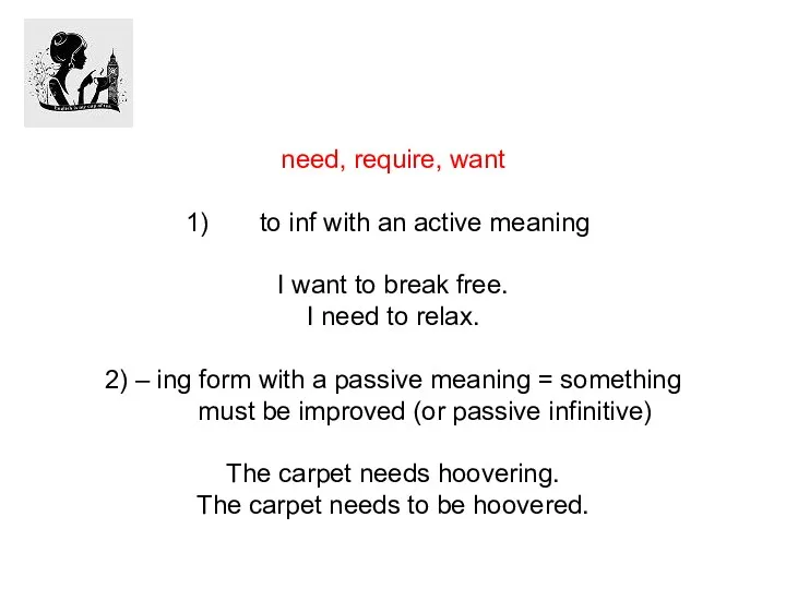 need, require, want to inf with an active meaning I