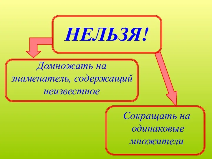 НЕЛЬЗЯ! Домножать на знаменатель, содержащий неизвестное Сокращать на одинаковые множители