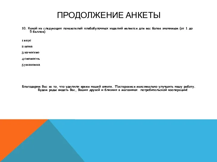 ПРОДОЛЖЕНИЕ АНКЕТЫ 10. Какой из следующих показателей хлебобулочных изделий является