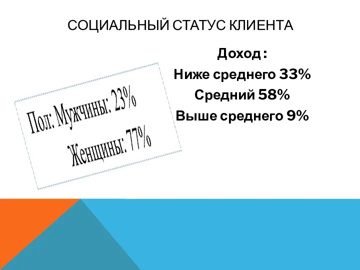 Доход : Ниже среднего 33% Средний 58% Выше среднего 9% СОЦИАЛЬНЫЙ СТАТУС КЛИЕНТА