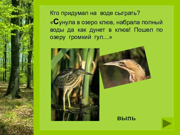 Кто придумал на воде сыграть? «Сунула в озеро клюв, набрала полный воды да