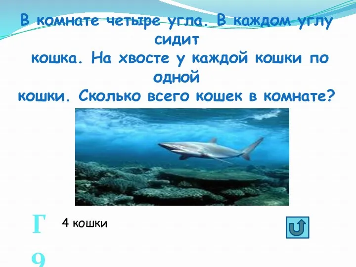 В комнате четыре угла. В каждом углу сидит кошка. На