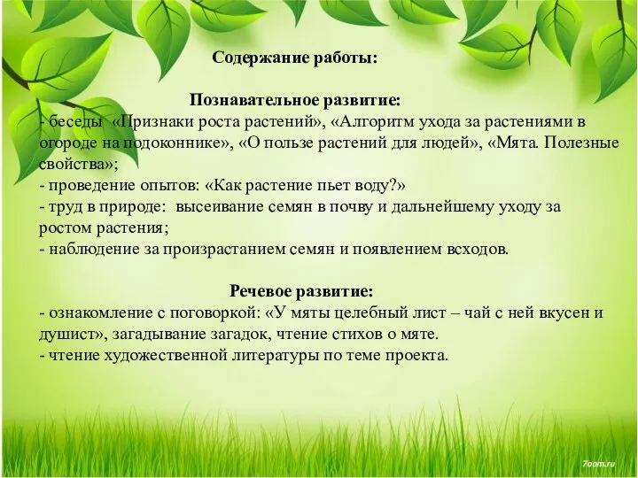 Содержание работы: Познавательное развитие: - беседы «Признаки роста растений», «Алгоритм