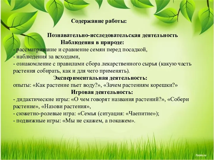 Содержание работы: Познавательно-исследовательская деятельность Наблюдения в природе: - рассматривание и сравнение семян перед