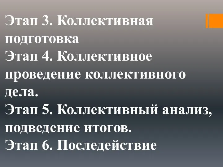 Этап 3. Коллективная подготовка Этап 4. Коллективное проведение коллективного дела.