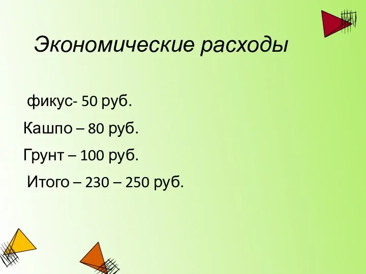 Экономические расходы фикус- 50 руб. Кашпо – 80 руб. Грунт – 100 руб.